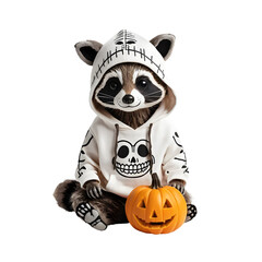Cute raccoon in a skeleton hoodie costume sits with a jack-o'-lantern pumpkin for Halloween on a white background.