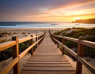 Fototapeta premium Wooden walkway leading to sunset beach
