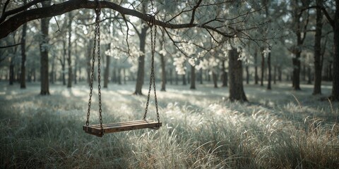Solitary wooden swing in a tranquil sun-dappled forest with soft light and green foliage