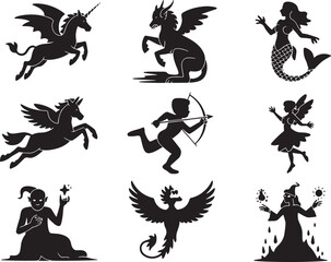 Fototapeta premium Enchanting Mythical Creatures Silhouettes Collection Winged Unicorn Griffin Mermaid Archer Pixie Wizard Phoenix