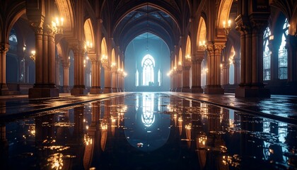 Interior Hallway with Arches and Reflections on Wet Floor