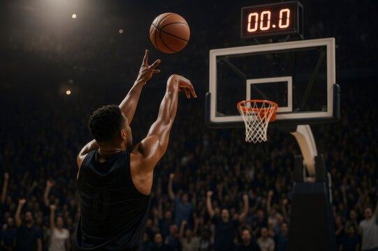 Basketball player attempting a final shot with the clock at zero in a packed stadium, creating a dramatic and exciting moment