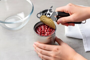 Close-up of hands opening a canned red beans with a can opener on a clean kitchen