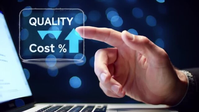 Quality Increase, Cost Decrease Concept Hand Interacting with Holographic UI on Laptop, Visualizing Business Growth