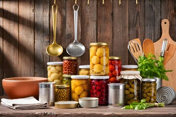 canned food in the wooden kitchen