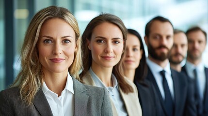 A group of business professionals standing in a row, dressed in formal attire.