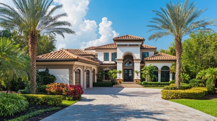 Fototapeta premium A luxurious Mediterranean-style mansion with a tiled roof and palm trees in a lush, green garden.