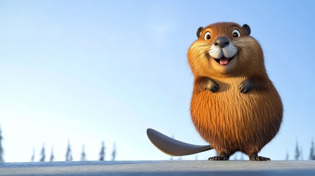 Cheerful cartoon beaver against a clear sky. - Powered by Adobe