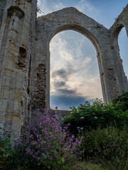 Fototapeta premium View through large gothic archway of ancient stone ruin with purple wildflowers and lush greenery in foreground under dramatic evening sky