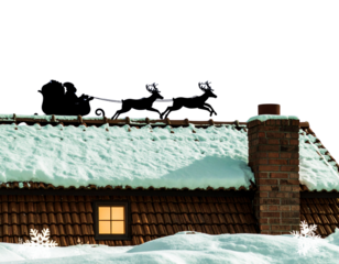 Santa Sleigh Landing on Rooftop Silhouette with Chimney and Gift Bag, Side View, PNG (3)