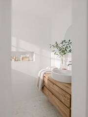 Modern Minimalist Bathroom Interior with Wooden Vanity White Vessel Sink and Natural Light