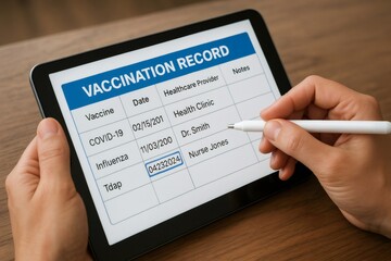 Doctor updating patient vaccination records on a digital tablet, utilizing a stylus pen for accurate data entry in healthcare settings