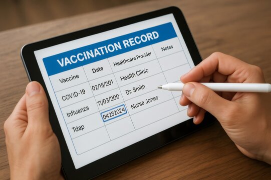 Doctor updating patient vaccination records on a digital tablet, utilizing a stylus pen for accurate data entry in healthcare settings