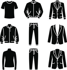 Naklejka premium Nine black clothing and apparel icons on a white background t-shirt bomber jacket