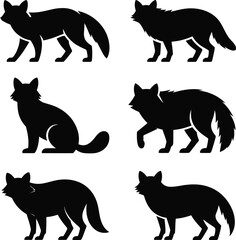 Six Black Silhouette Icons of Foxes in Various Poses animal wild
