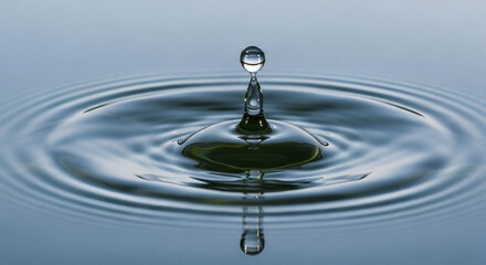 Pristine water drop suspended in mid-air creating concentric ripples on a calm blue surface, symbolizing purity.