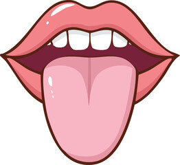 Cartoon illustration of a mouth with pink lips and a protruding tongue.