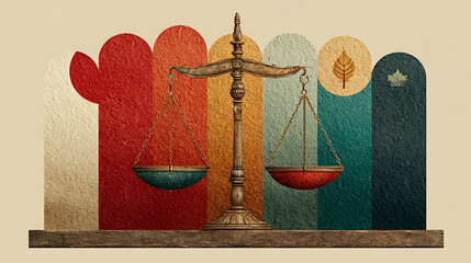 Symbolic justice scale with colorful background and abstract elements