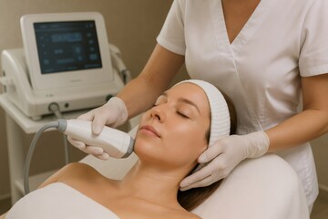Beautician using ultrasound cavitation machine for facial treatment on woman lying on a spa bed with closed eyes