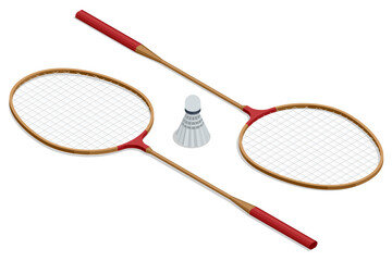 An isometric illustration of two badminton rackets with shuttlecocks, a set of equipment ready for a match, symbolizing the sport and recreation