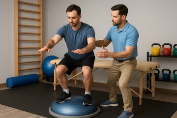 Male patient doing squats on bosu ball with assistance of physiotherapist in rehabilitation center