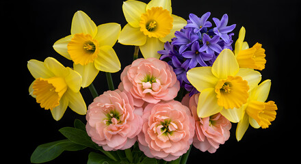 Fototapeta premium Bright yellow daffodils and soft pink lisianthus flowers create a cheerful spring bouquet perfect for home decor or gifting.