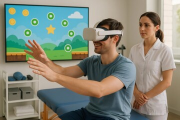 Doctor assisting a male patient during an innovative VR physical therapy session in a modern clinic focused on rehabilitation and recovery