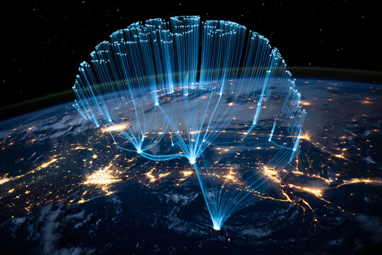 Digital brain network overlaying the Earth at night with glowing connections planet globe
