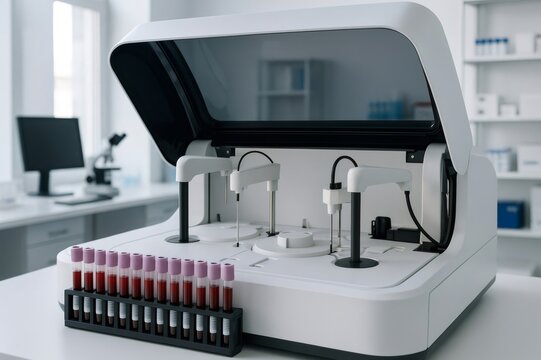 Modern automated blood analyzer processing blood samples in a medical laboratory, showcasing advanced technology for accurate and efficient blood testing