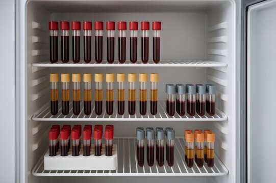 Different blood samples are stored inside a refrigerator in a medical laboratory, ready for analysis