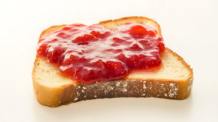 Slice of toasted bread with a generous spread of fruity red jam. A simple and comforting breakfast or snack.