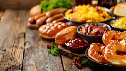 A rustic table displays Oktoberfest foods like pretzels, sausages, and festive beer steins