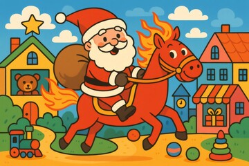 Naklejka premium Santa Claus is riding a flaming horse carrying a bag of gifts, delivering presents to children in a colorful town, creating a joyful and magical Christmas atmosphere