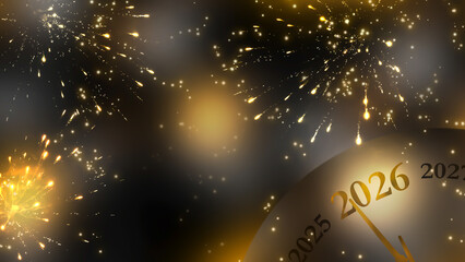 happy new year 2026 countdown clock on abstract glittering fireworks sky with copy space, festive party invitation card concept for new years eve