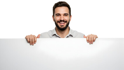Happy man holding a blank sign, perfect for your advertisement or marketing campaign, showcasing a friendly and approachable model.