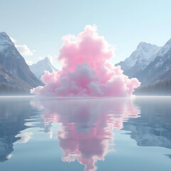 Surreal Pink Cloud Reflection over Water and Mountains
