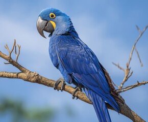 Blue Hyacinth Macaw sitting on a branch in the wild.