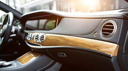 Sleek car interior with wood accents, elegant control knob, and bright sunlight.
