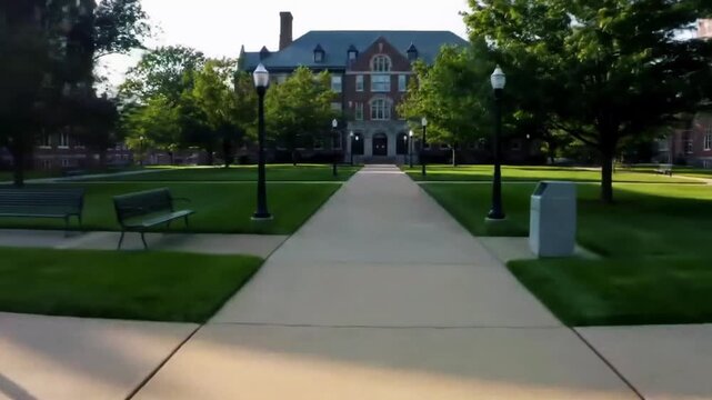 Pan of a quiet college campus quad (no people visible)
