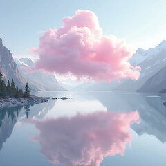 Surreal Pink Cloud Reflection over Water and Mountains