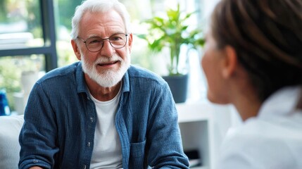 An elderly man and a young woman in a conversation, seated in a cozy living room with a green plant in the background.