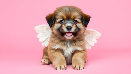 A charming puppy with angel wings sits against a pink backdrop looking directly at the viewer with joy |   be an angle day