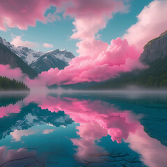 Surreal Pink Cloud Reflection over Water and Mountains