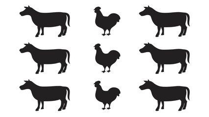 Farm animals silhouettes horse rooster