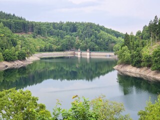 Fototapeta premium Sengbachtalsperre and barrier lake in the forest, Solingen, Germany