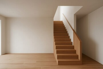 Obraz premium Light wooden staircase in a modern minimalist style apartment with wooden floor and white walls, natural light entering from a window