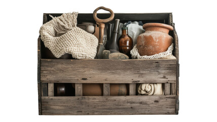 Rustic wooden box filled with vintage tools and pottery creating an artistic arrangement