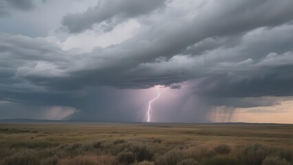 Dramatic Lightning Strike Over a Vast Grassland Under Stormy Skies