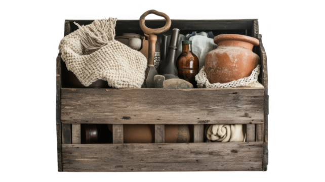Rustic wooden box filled with vintage tools and pottery creating an artistic arrangement