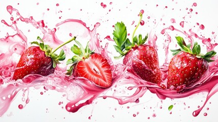 Fresh strawberries splashing in pink juice.